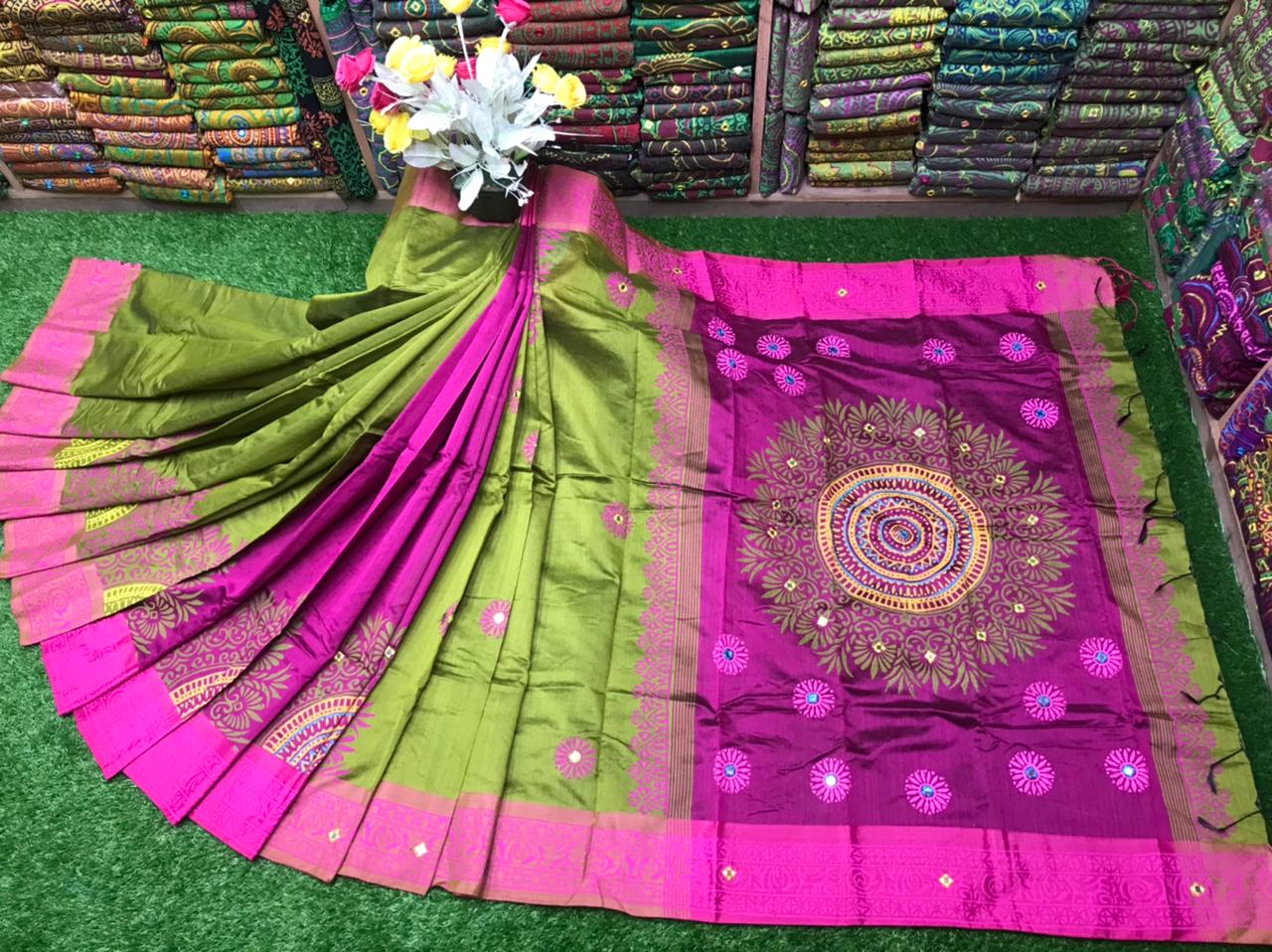Embroidered Dhupian Silk Saree with Block Print, 6 Colours