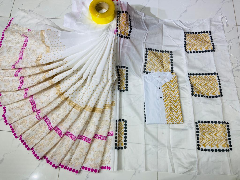 Couple Dress in Dhupian Silk with Block Print, Saree and Panjabi