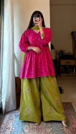Golden Afsan Print Cotton Three Piece, Kuchi Design, 2 Colours
