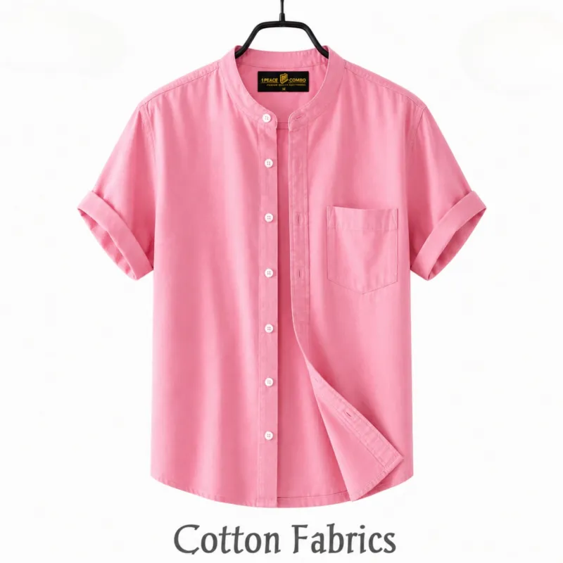 Men's Oxford Cotton Band Collar Half Sleeve Shirt, Slim Fit