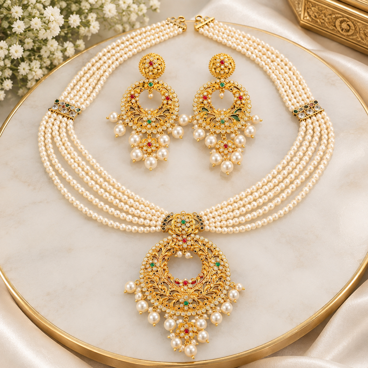 Traditional Gold-Plated Hyderabadi Pearl Sitahar and Jhumka Jewellery Set