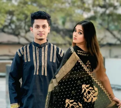 Dhupian Silk Couple Saree and Panjabi with Blouse, One Colour
