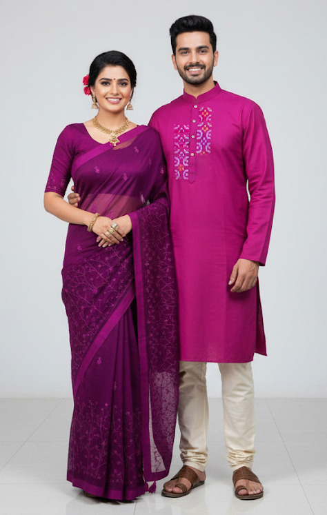 Couple Set: Embroidered Half Silk Saree and Slub Cotton Panjabi