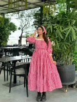 Women's Cotton Check Print Gown Kurti with Lace and Belt