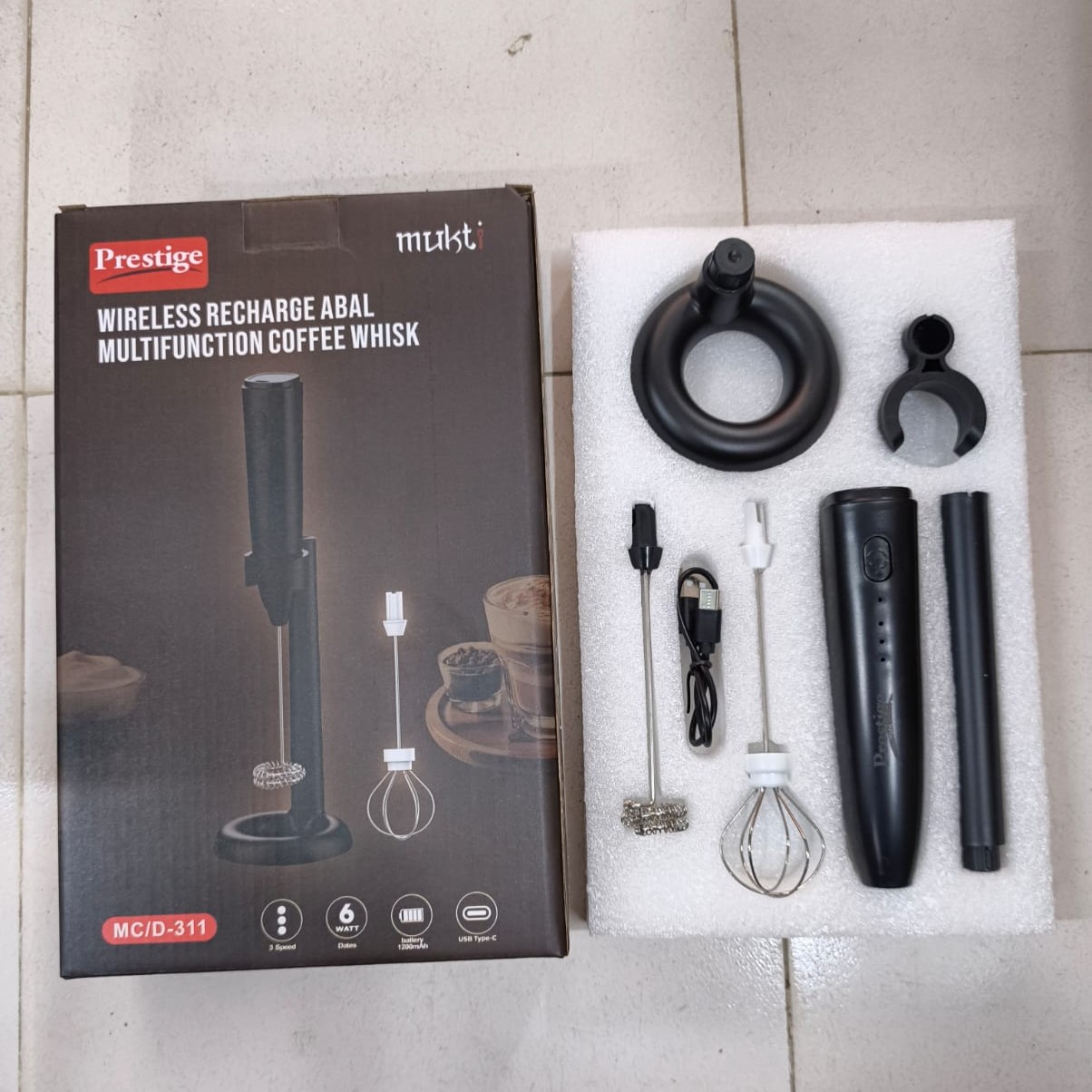 Prestige Mukt 2-ইন-1 রিচার্জেবল কফি ফোমার ও মিল্ক ফ্রদার – 3 স্পিড, স্ট্যান্ড ও Type-C চার্জিংসহ
