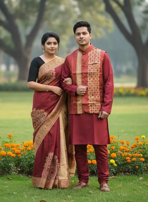 Winter Couple Set, Tangail Saree with Koti and Panjabi