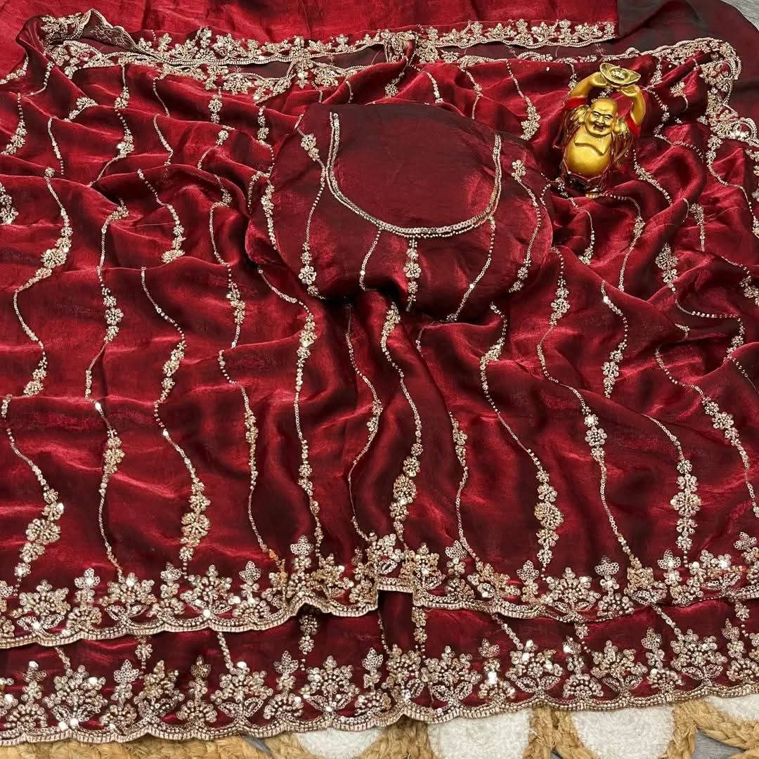 Women's Sequin Embroidered Silk Saree with Separate Blouse Piece