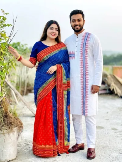 Boishakh Couple Saree and Panjabi Set, Half Cotton and Dhupian Silk