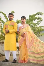 Couple Set, Pure Cotton Saree and Slub Cotton Panjabi, Block Print