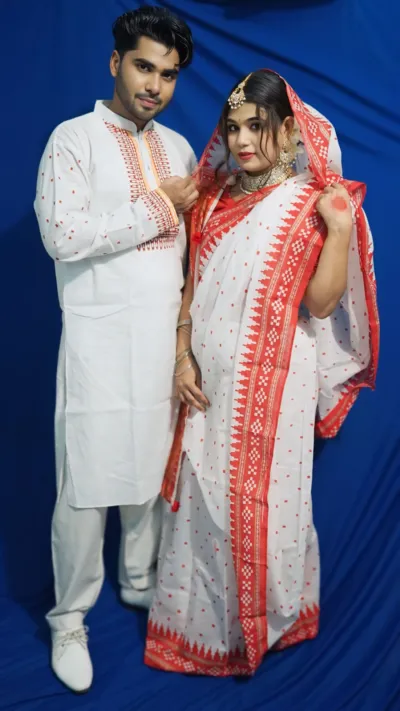 হাফ সিল্ক শাড়ি ও স্লাব কটন পাঞ্জাবির কাপল সেট, সাইজ 38 থেকে 46