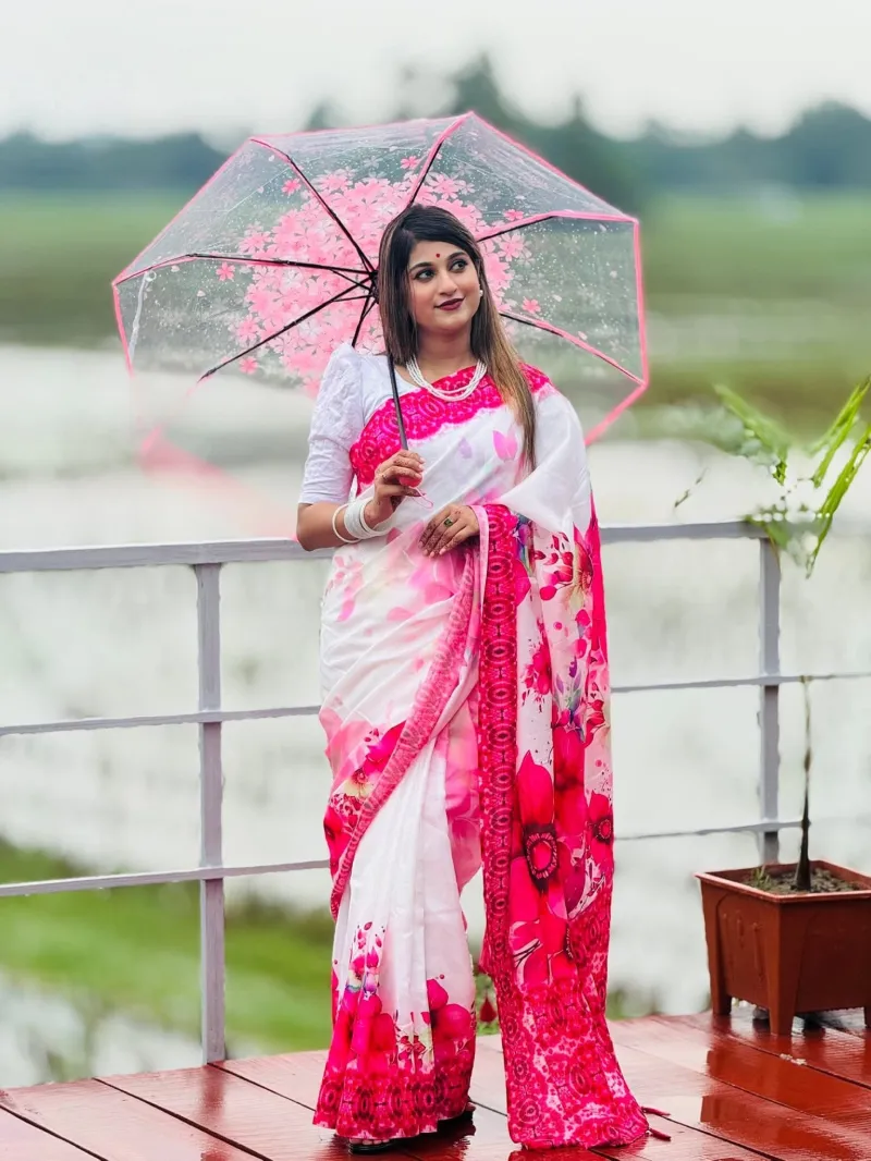 Chanderi Silk Flower Print Saree with Printed Border, 5 Colours