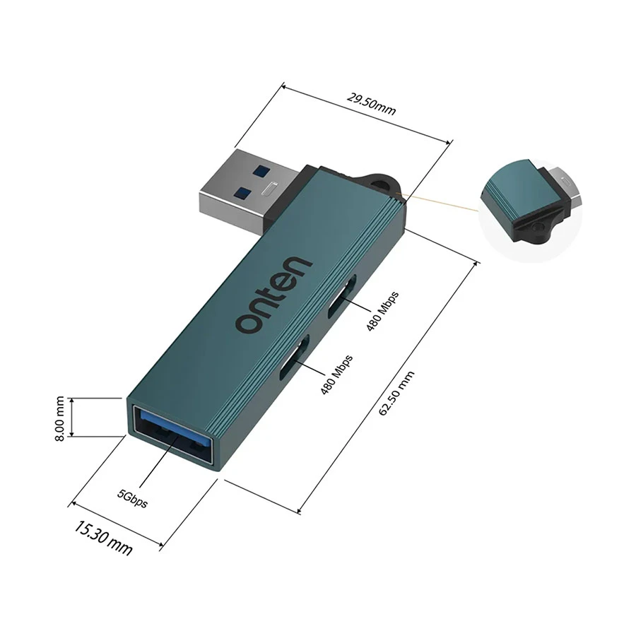 Onten OTN-US52S USB to USB-A and Dual USB-C Hub Crystal Teal