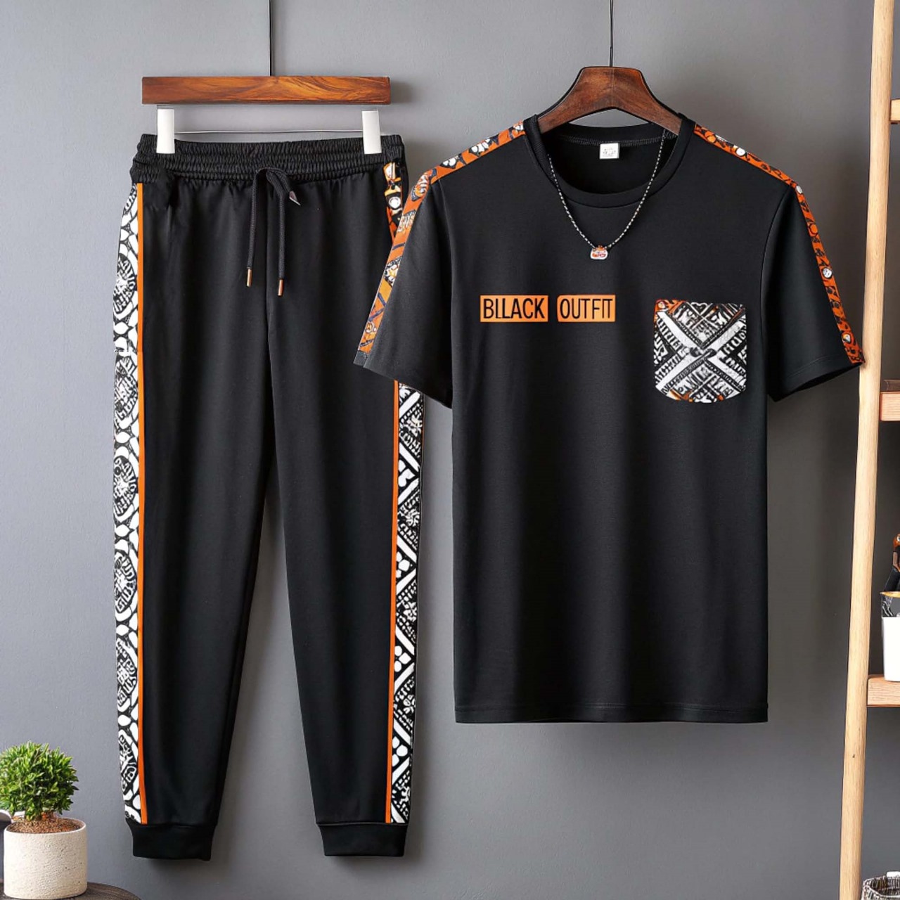 Men's Drop Shoulder Mesh T-Shirt and Trouser Set, Sizes L and XL