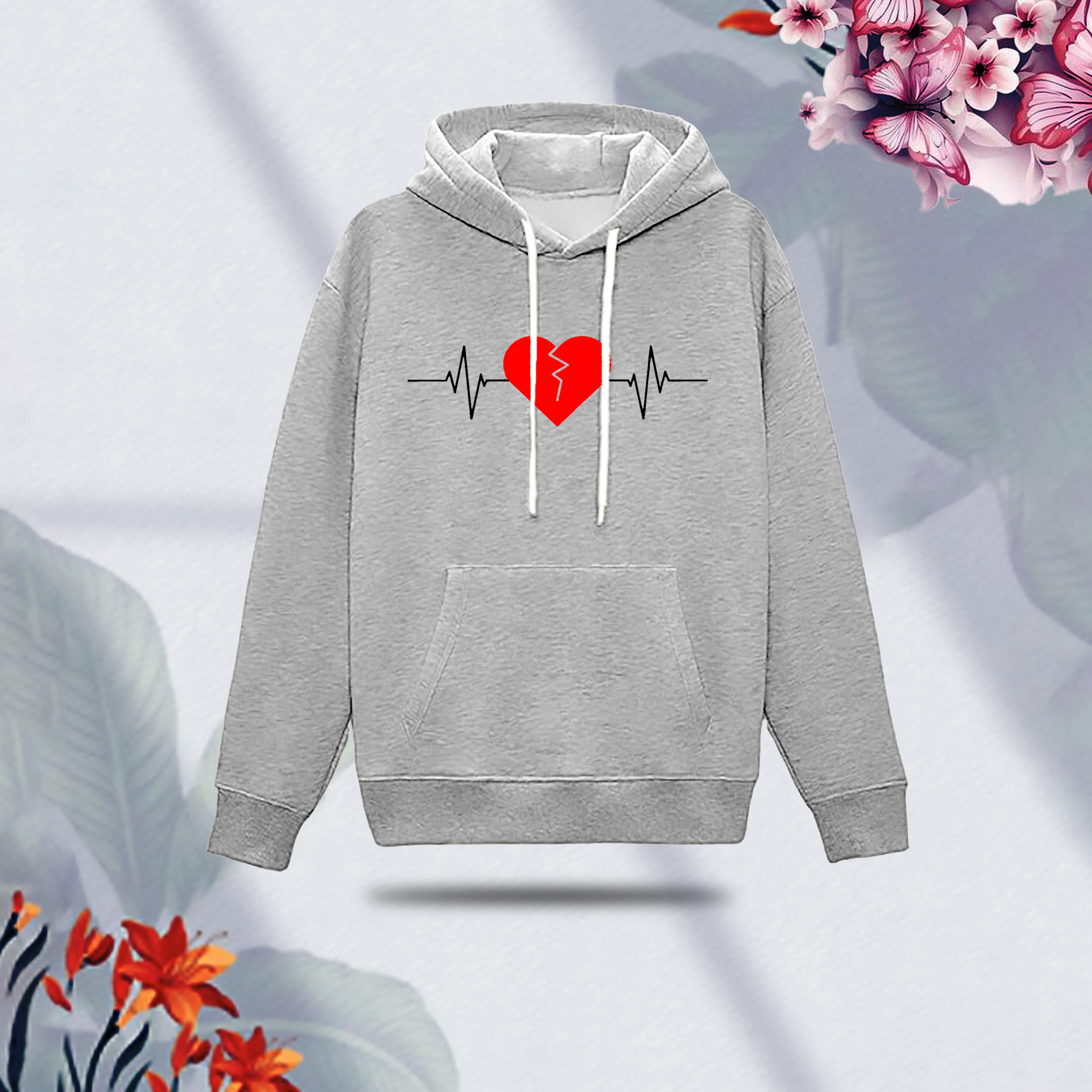Love Heart Bit প্রিন্ট লেডিস উইন্টার হুডি – গ্রে