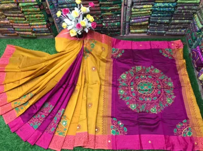 Women's Embroidered Block Print Saree in Dhupian Silk