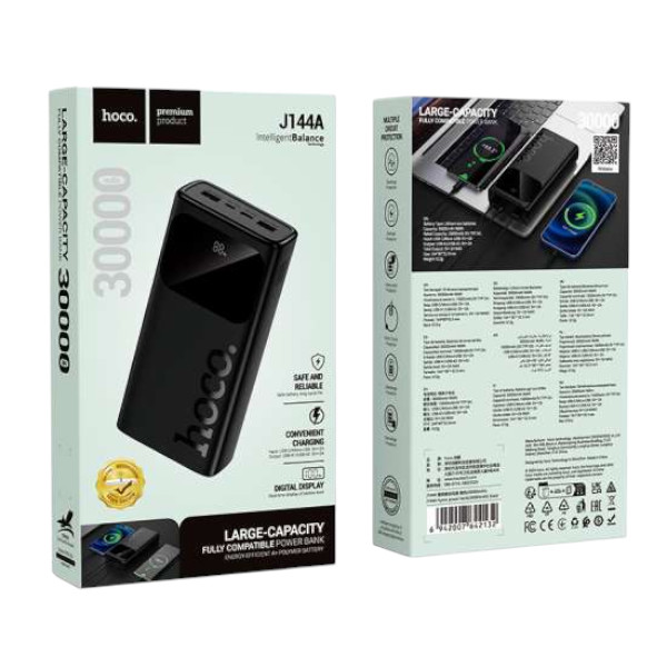 HOCO পাওয়ার ব্যাংক J144A ফাস্ট চার্জ 30,000mAh PD টাইপ-C 20Wএন্ড 2টি USB-এ সহ ডিজিটাল LID ডিসপ্লে।
