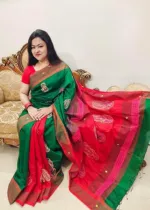 মহিলাদের হ্যান্ড প্রিন্ট হাফ সিল্ক শাড়ি, 12 হাত লম্বা