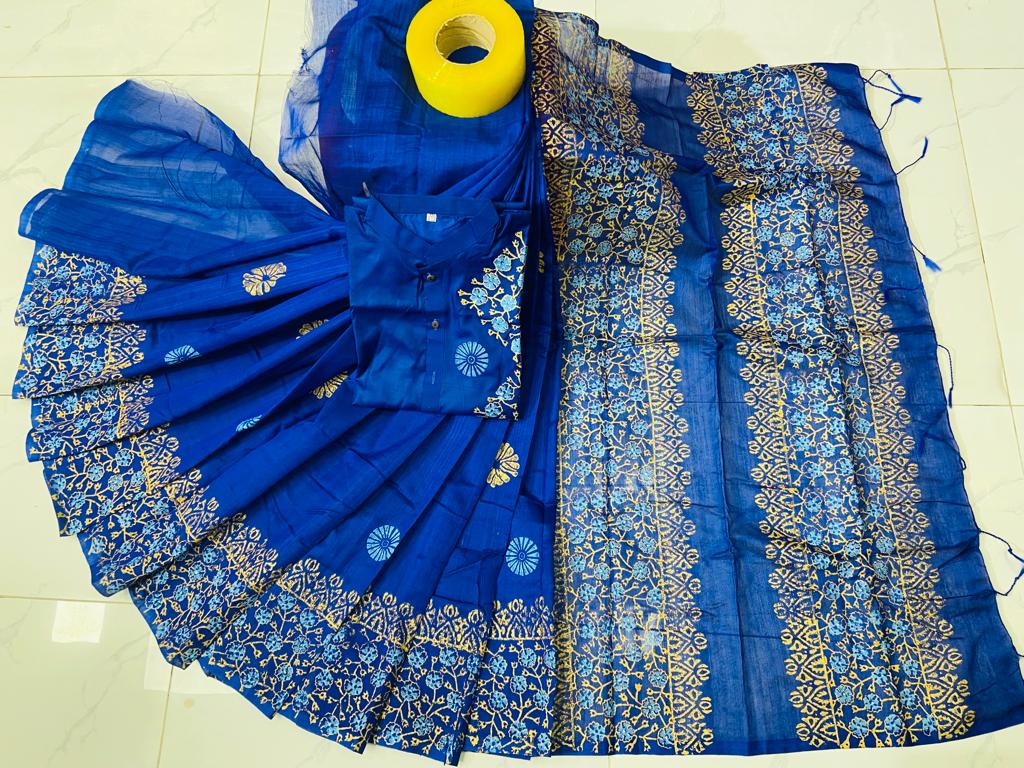 Dhupian Silk Block Print Saree and Panjabi Set for Couples