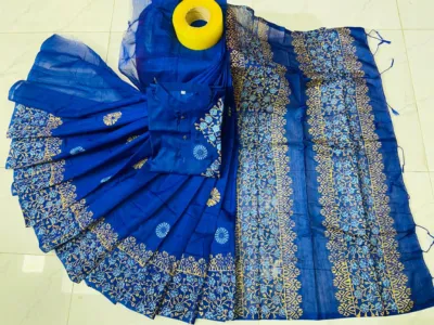 Dhupian Silk Block Print Saree and Panjabi Set for Couples