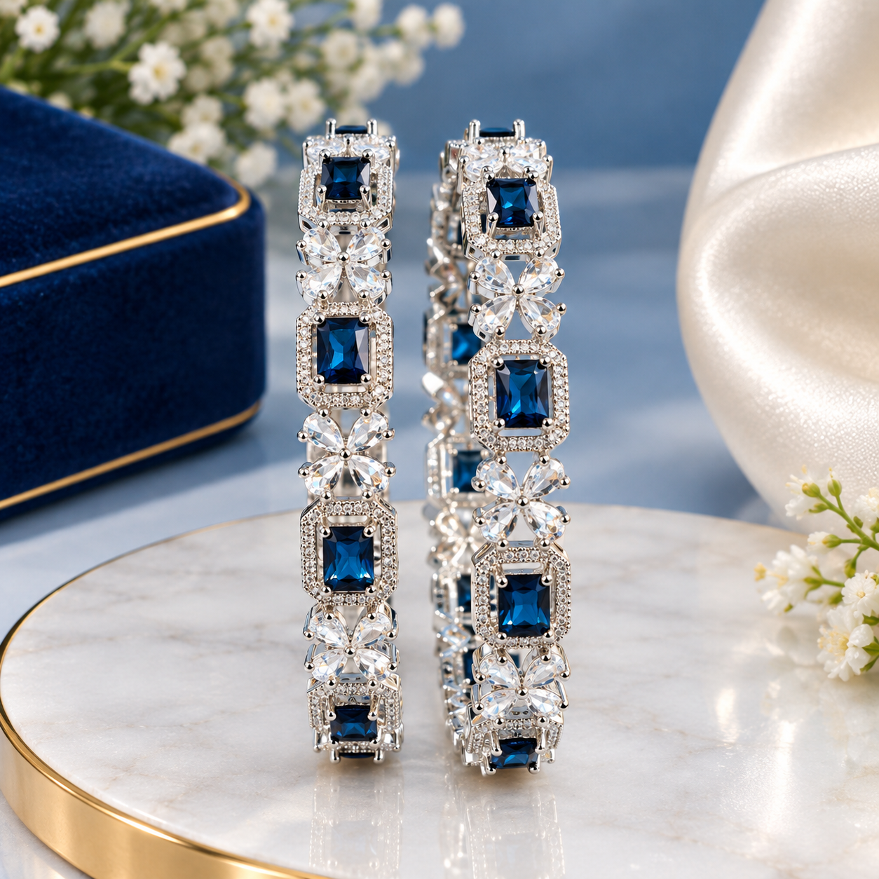 Royal Blue American Diamond-Cut Premium Kada/Bangle Set (2 Pieces)