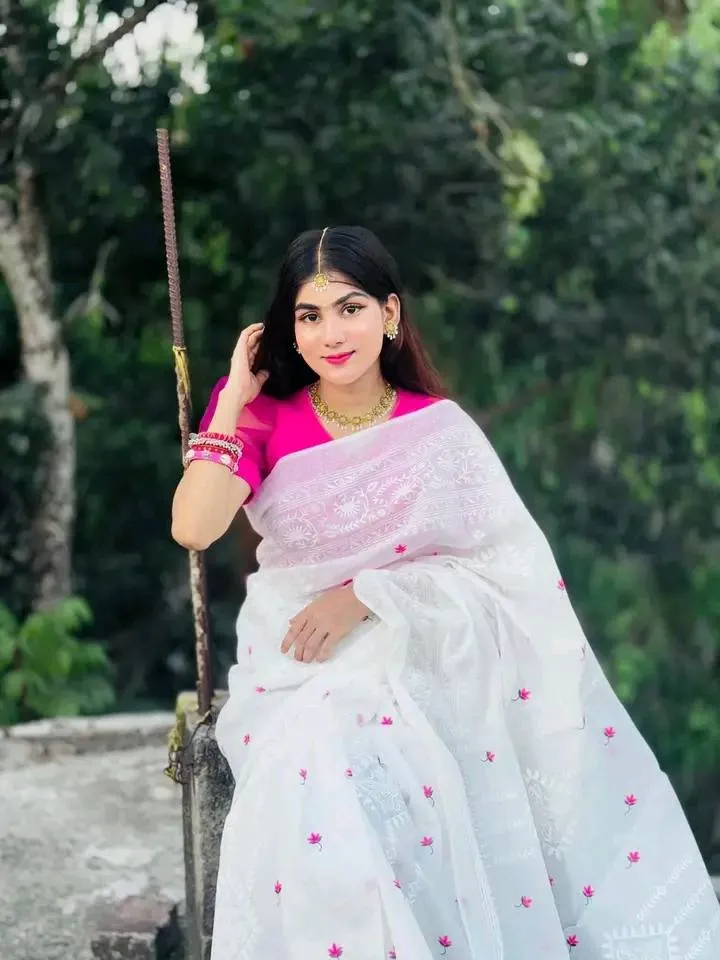 Half Silk Screen Print Puja Saree, No Blouse Piece, 3 Colours