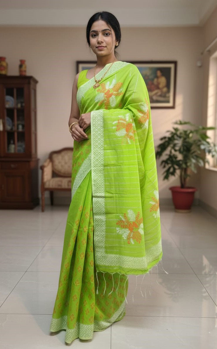 Half Silk Block Print Saree for Festivals, 6 Colours