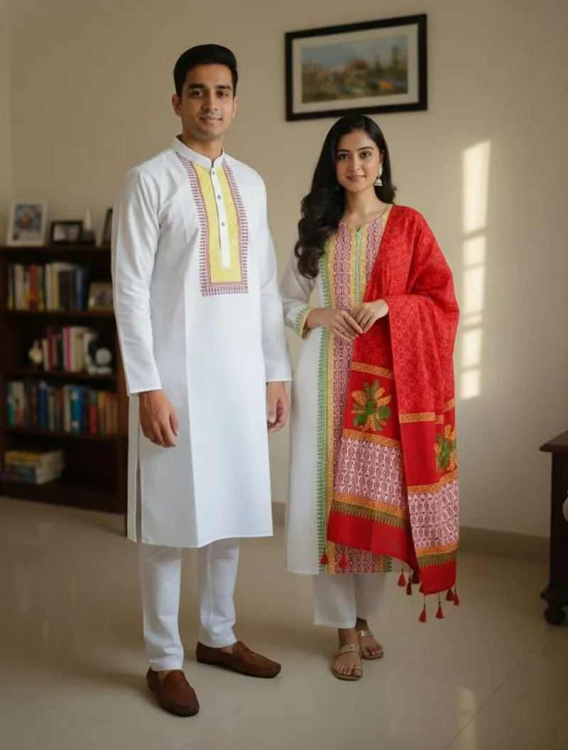 ব্লক প্রিন্ট কাপল থ্রি পিস ও ধুপিয়ান সিল্ক পাঞ্জাবি, 6 রং