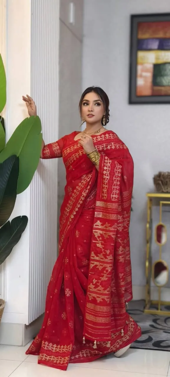 পাড়ে প্রিন্ট করা হাফ সিল্ক স্ক্রিন প্রিন্ট শাড়ি, ব্লাউজ পিসসহ