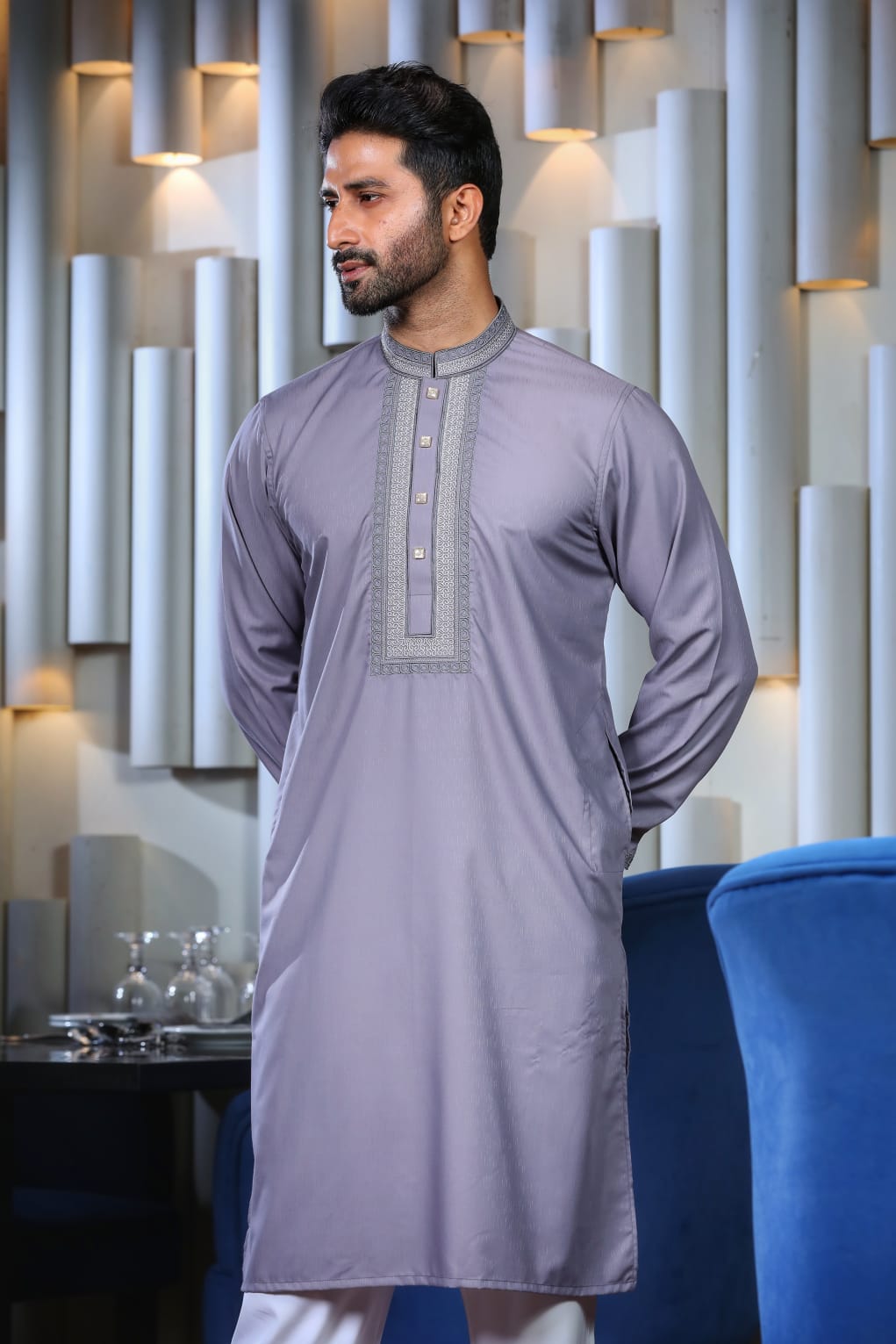 Men's Embroidered Jacquard Cotton Panjabi, Snap Buttons, M to XXL