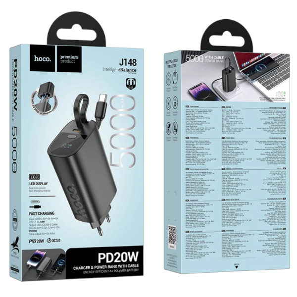 Hoco J148 হ্যান্ডি PD20W 5000mAh পাওয়ার ব্যাংক EU প্লাগ – কালো