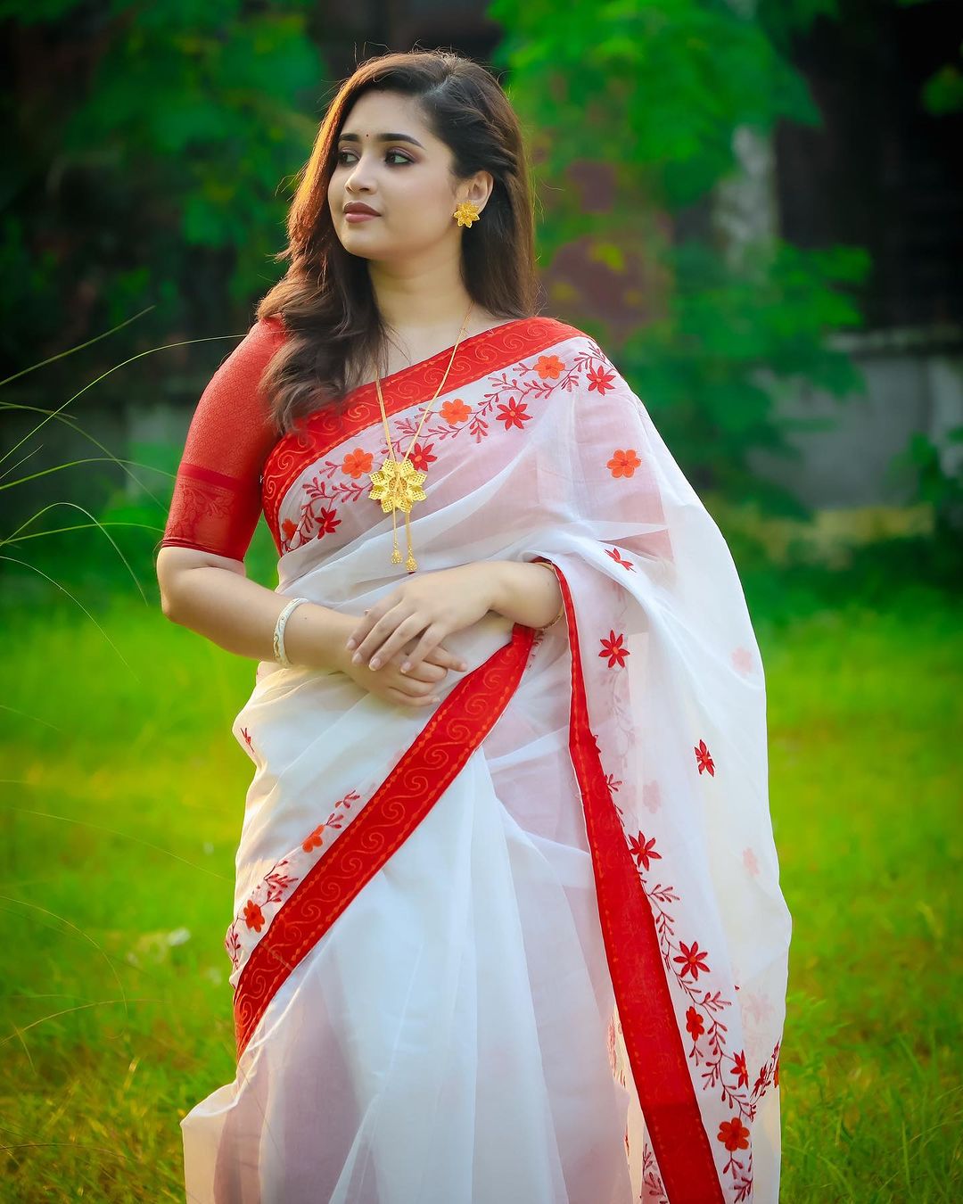 Screen Print Half Silk Saree with Tassel Anchal