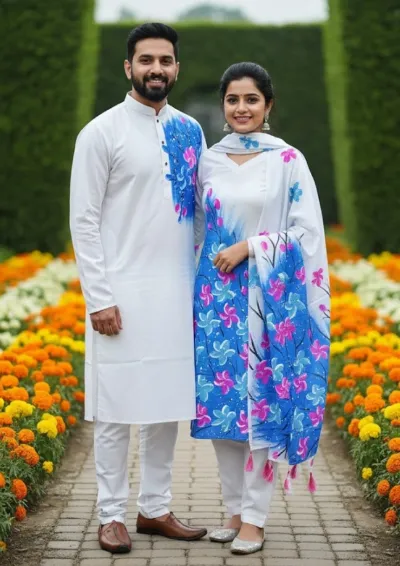 Festive Couple Three Piece and Dhupian Panjabi with Tassel Orna