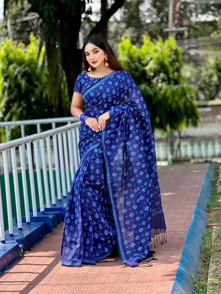 রাবার স্ক্রিন প্রিন্টের সুতি শাড়ি, 14 হাত