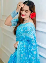 Glitter Screen Print Half Silk Saree, 12 Haath, No Blouse