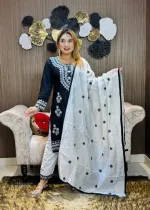চিকনকারি নেকলেস এমব্রয়ডারি কটন থ্রি পিস, রেয়ন সিল্ক ওড়না