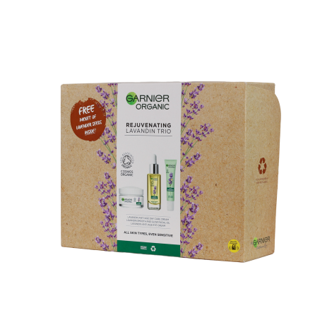 Garnier Organic Lavandin ট্রায়ো গিফট সেট (ডে ক্রিম 50ml, ফেসিয়াল অয়েল 30ml, আই ক্রিম 15ml)