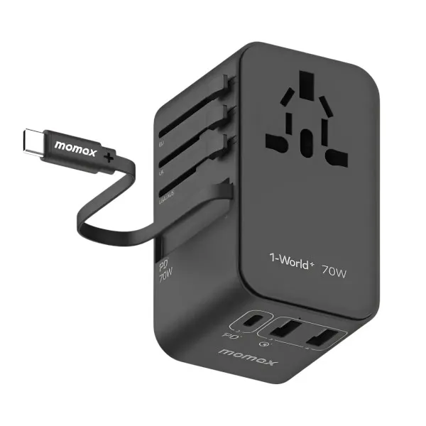 Momax 1-World+ 70W GaN 3 পোর্ট + AC ট্রাভেল অ্যাডাপ্টার, USB-C ক্যাবলসহ