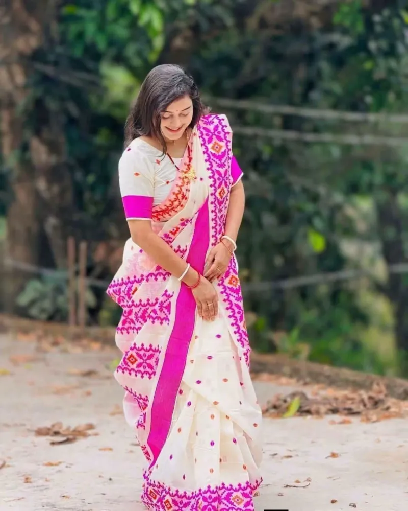 Pink and Orange Screen Print Half Silk Cotton Saree for Puja
