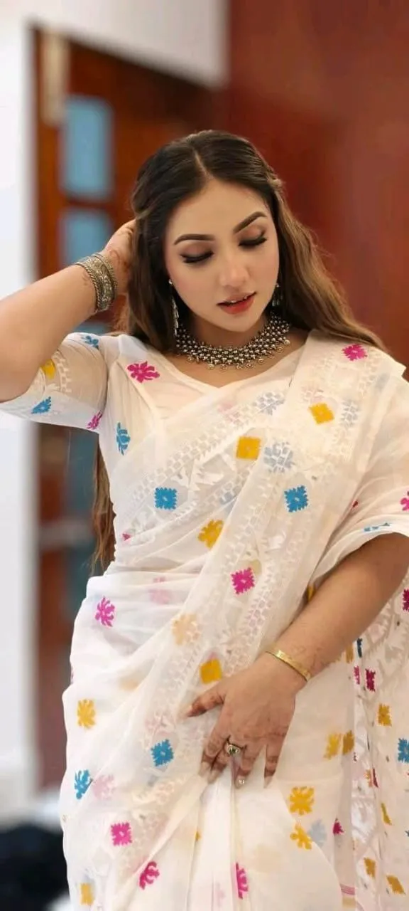 Women's Half Silk Jamdani Print Saree, 4 Colour Choices