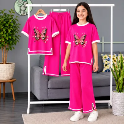 Kids Premium Cotton Half Sleeve T-Shirt & Pant Set - Hot Pink