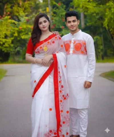 Pohela Boishakh Couple Dress, Tassel Saree with Silk Panjabi