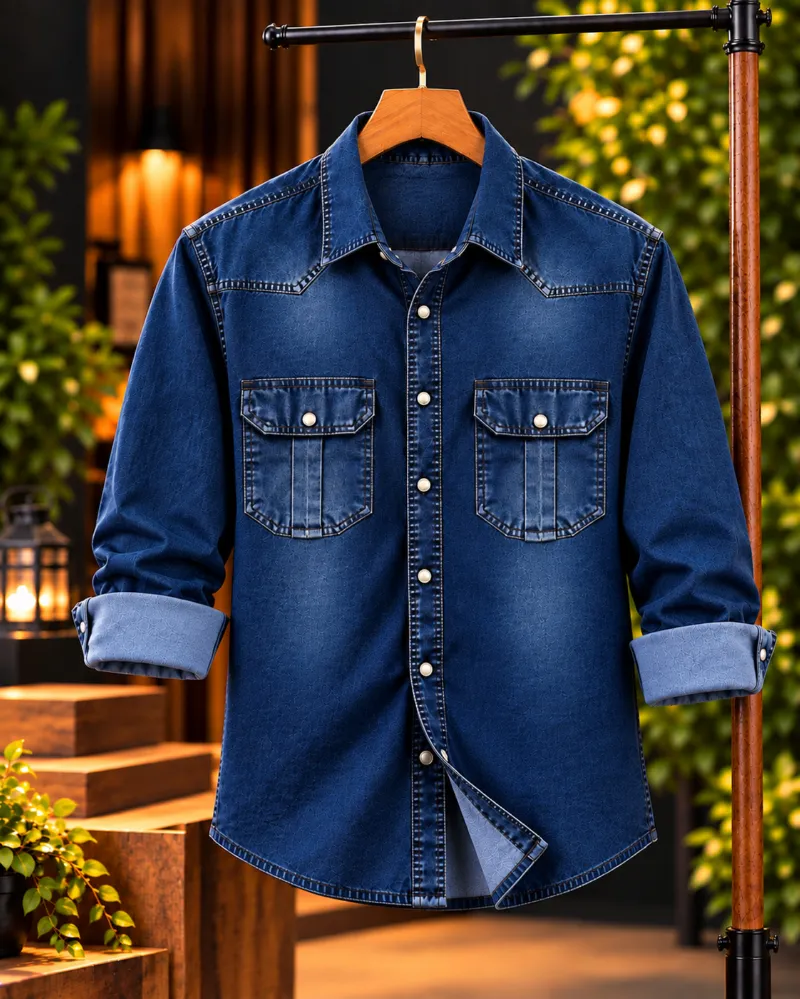 Men's Denim Shirt with Pocket and Snap Buttons, 220+ GSM