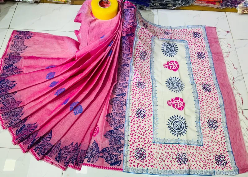 মহিলাদের ব্লক প্রিন্ট কটন শাড়ি, 14 হাত, 6টি রং