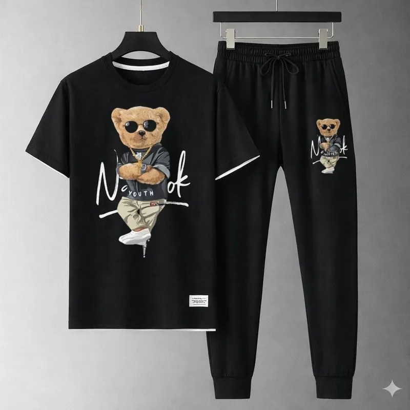 Men's Matching Tee and Trouser Set, Mesh Jersey with Screen Print