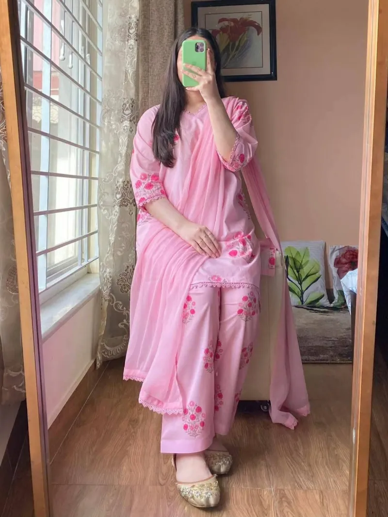 Women's Floral Screen Print Cotton Three Piece with Chiffon Orna