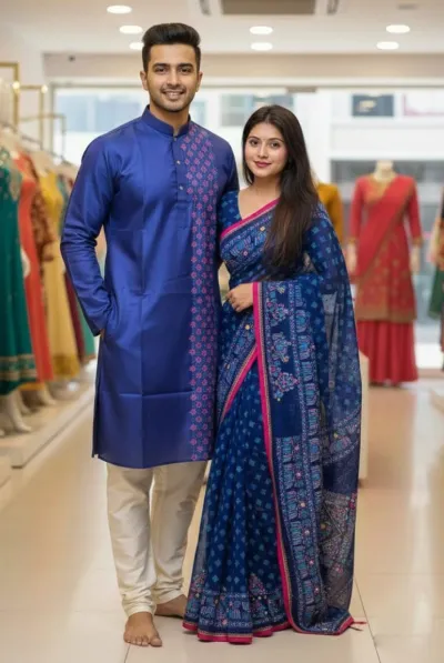 Couple Boutique Silk Saree and Panjabi Set, 13.5 Haath Saree