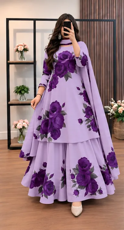 Micro Stitch Digital Print Three Piece with Chiffon Orna