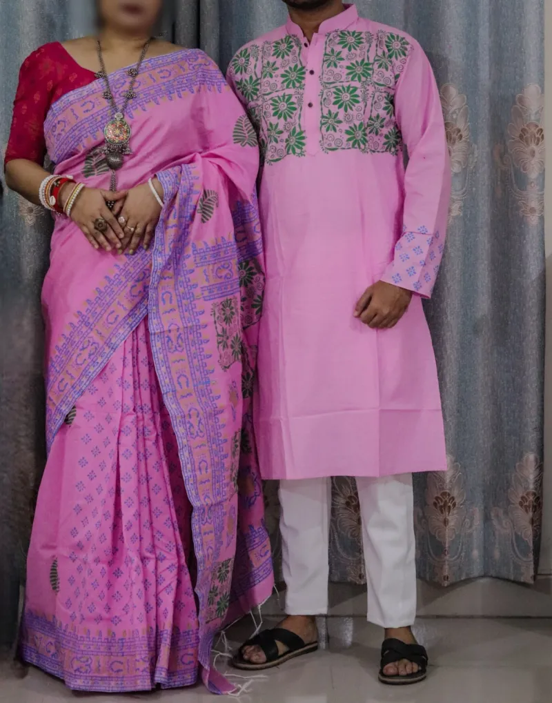 Block Print Dhupian Saree and Panjabi Couple Dress, 38 to 46