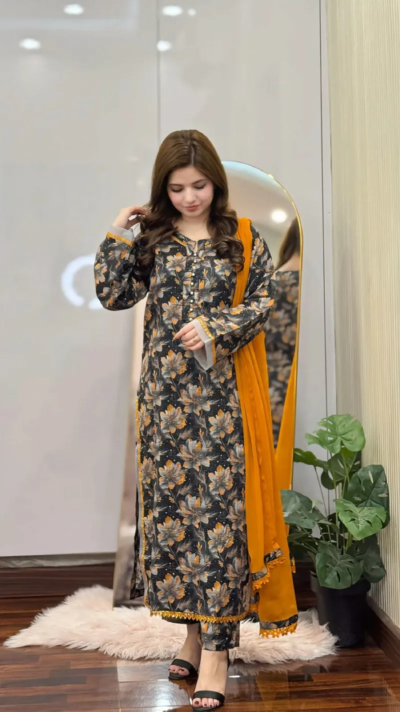 Women's Readymade All Cotton Lace Three Piece, 3 Colours