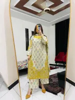 মেয়েদের পিওর কটন এমব্রয়ডারি থ্রি-পিস, 6টি রঙ